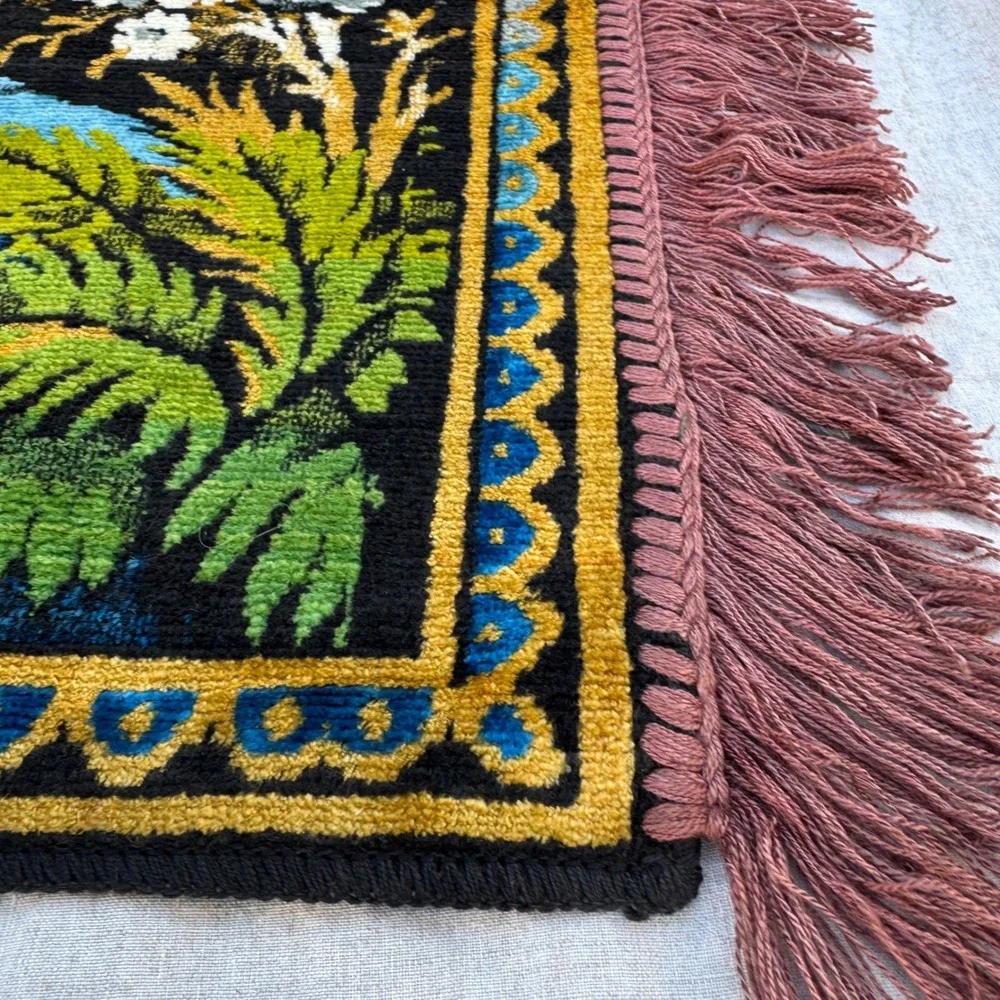 Vintage Mid-Century 1950s 60s Velvet Tapestry Frinhe Cats Playing Chess Wall Rug